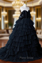 Black Tulle Layers Long Formal Dresses, Black A-Line Strapless Evening Dresses