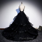 Black Tulle Layers Straps Beaded Long Evening Dresses, Black Formal Dresses Formal Prom Dresses