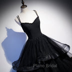 Black Tulle Layers Straps Beaded Long Evening Dresses, Black Formal Dresses Formal Prom Dresses