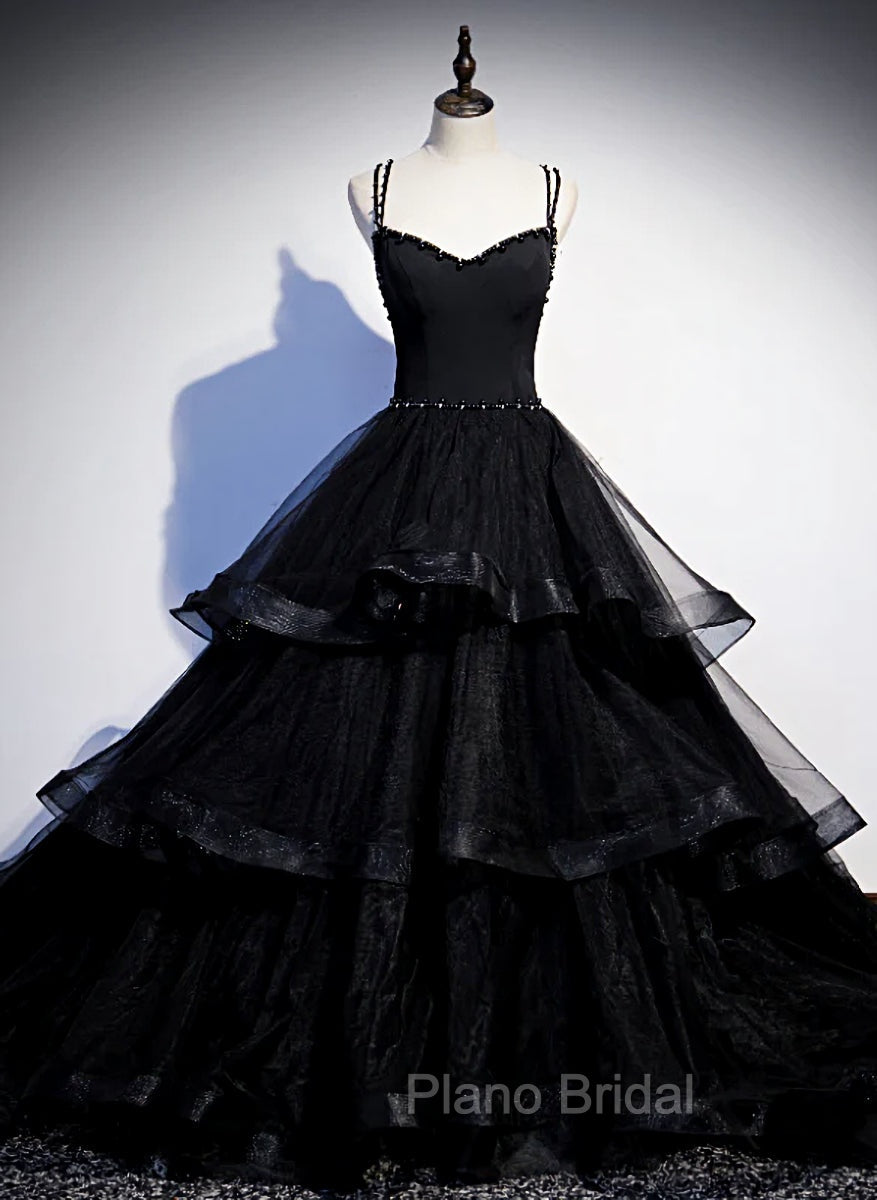 Black Tulle Layers Straps Beaded Long Evening Dresses, Black Formal Dresses Formal Prom Dresses Main image
