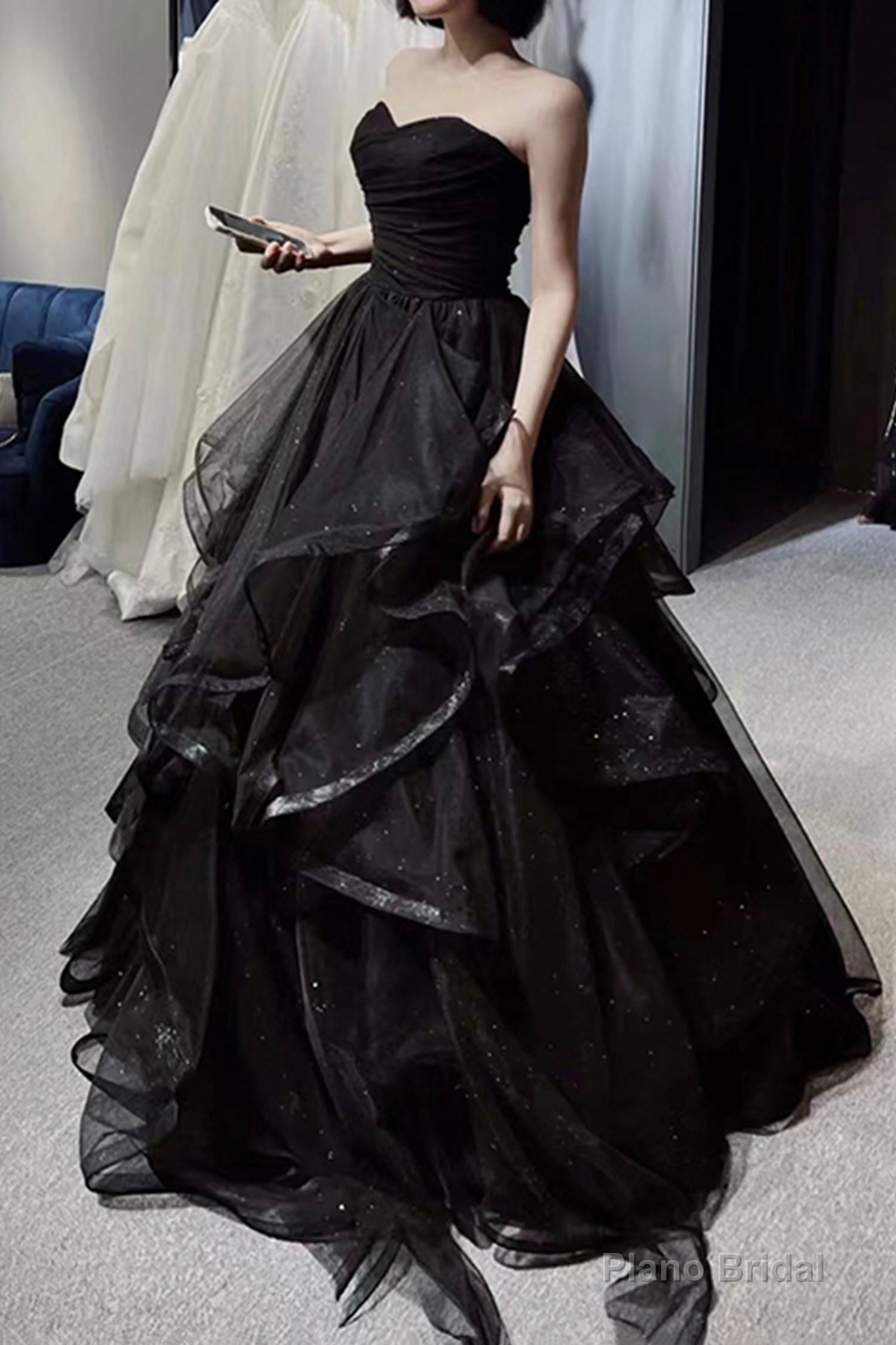 Black Tulle Long A-Line Prom Dress,Ball Dresses with Ruffles Secondary image