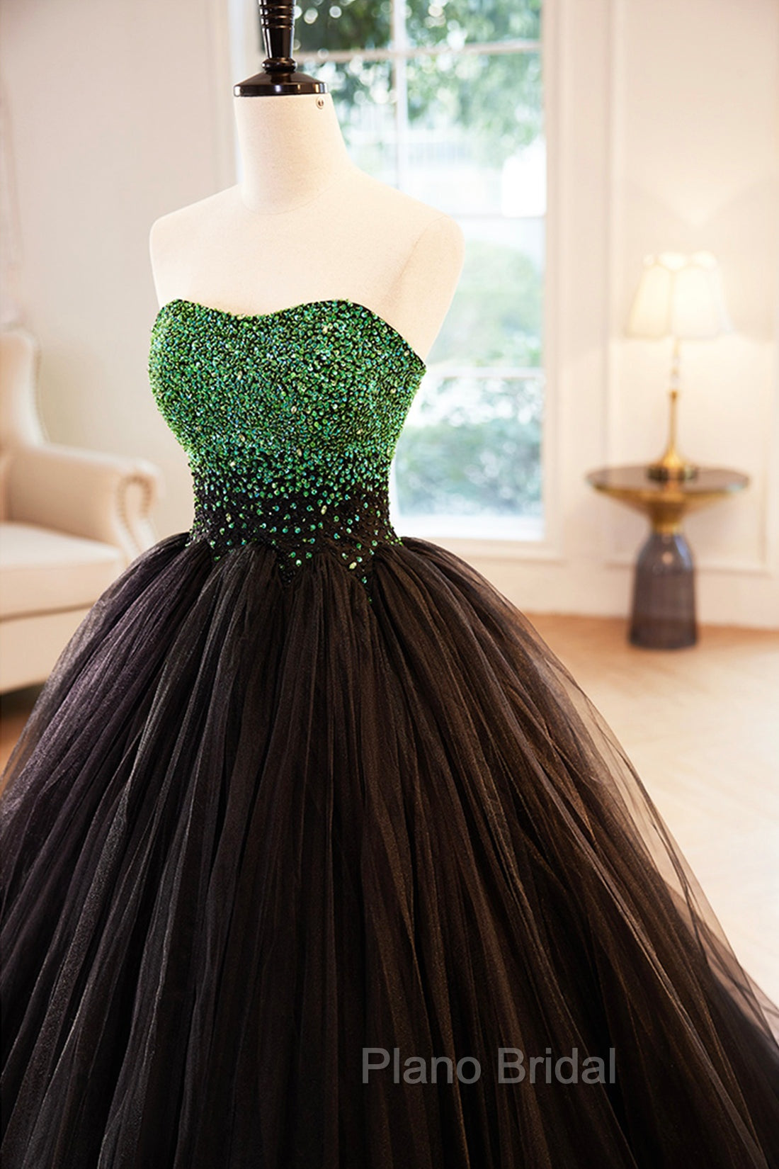 Black Tulle Long Formal Dresses with Green Beaded, Black Strapless Formal Prom Dresses Secondary image