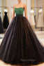 Black Tulle Long Formal Dresses with Green Beaded, Black Strapless Formal Prom Dresses