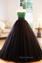 Black Tulle Long Formal Dresses with Green Beaded, Black Strapless Formal Prom Dresses