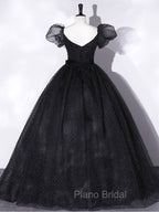 Black Tulle Long Formal Prom Dresses, Black Puff Sleeves Long Sweet 16 Dresses