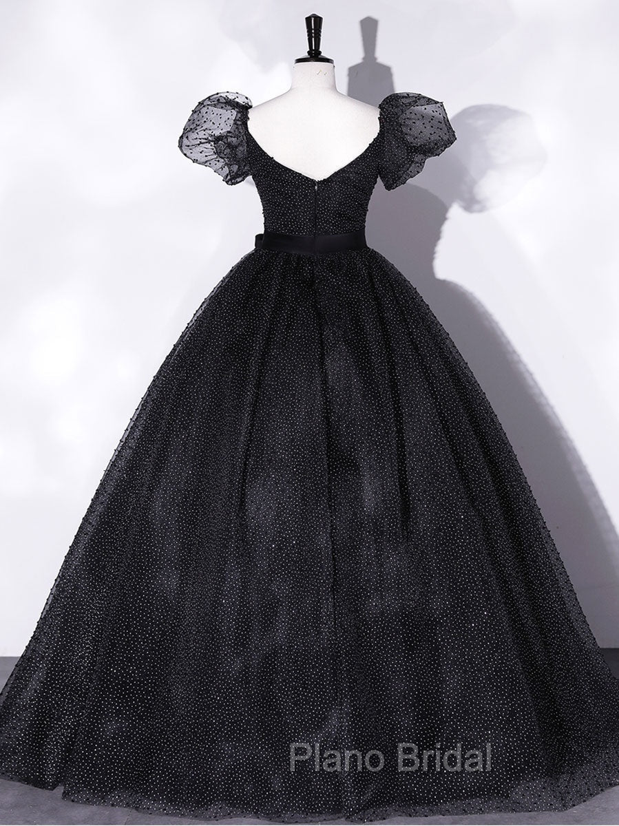 Black Tulle Long Formal Prom Dresses, Black Puff Sleeves Long Sweet 16 Dresses