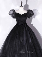 Black Tulle Long Formal Prom Dresses, Black Puff Sleeves Long Sweet 16 Dresses