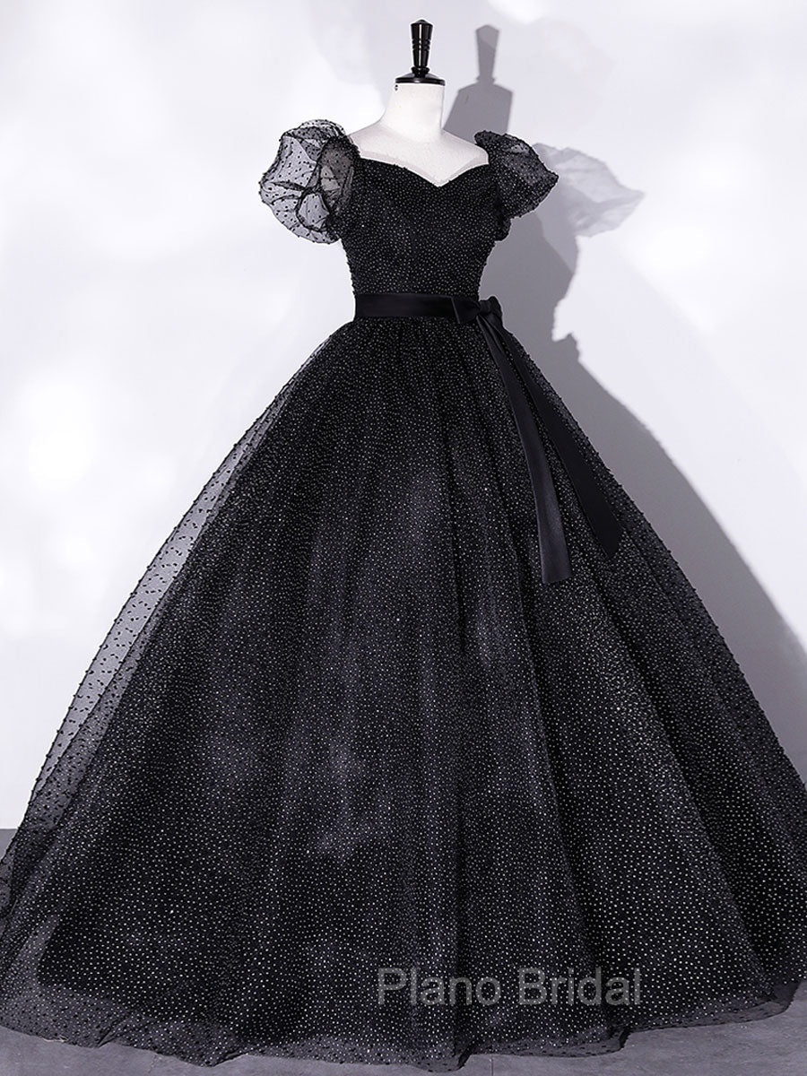 Black Tulle Long Formal Prom Dresses, Black Puff Sleeves Long Sweet 16 Dresses