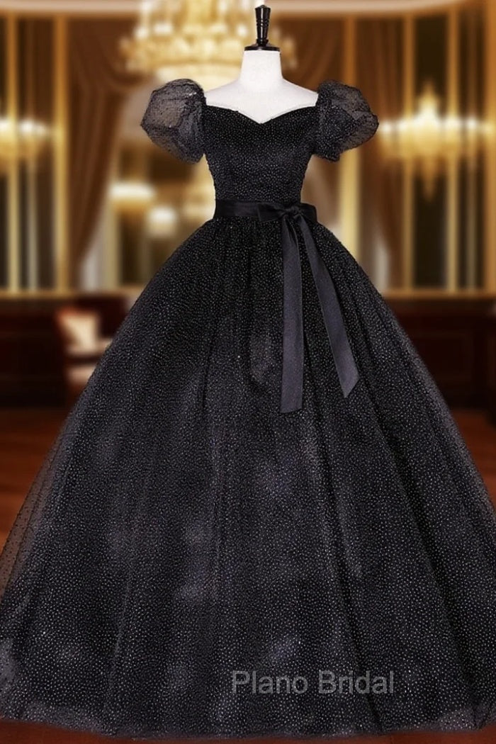 Black Tulle Long Formal Prom Dresses, Black Puff Sleeves Long Sweet 16 Dresses