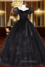 Black Tulle Long Formal Prom Dresses, Black Puff Sleeves Long Sweet 16 Dresses