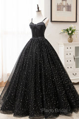 Black Tulle Long Formal Prom Dresses, Black Spaghetti Straps Formal Gown