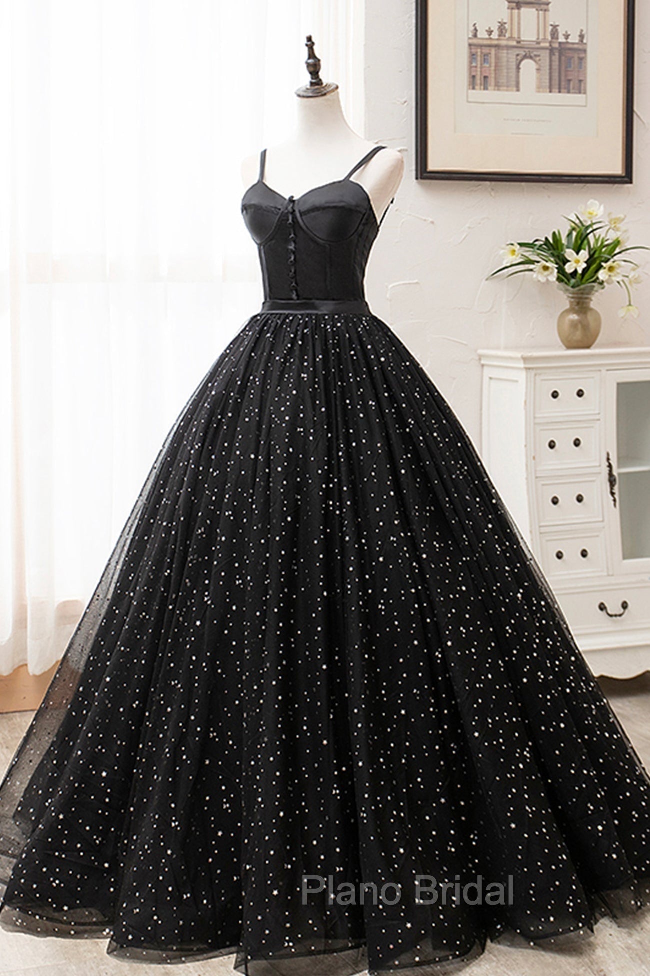 Black Tulle Long Formal Prom Dresses, Black Spaghetti Straps Formal Evening Gown Secondary image