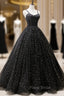Black Tulle Long Formal Prom Dresses, Black Spaghetti Straps Formal Evening Gown