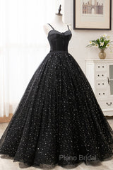 Black Tulle Long Formal Prom Dresses, Black Spaghetti Straps Formal Gown