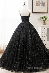 Black Tulle Long Formal Prom Dresses, Black Spaghetti Straps Formal Gown
