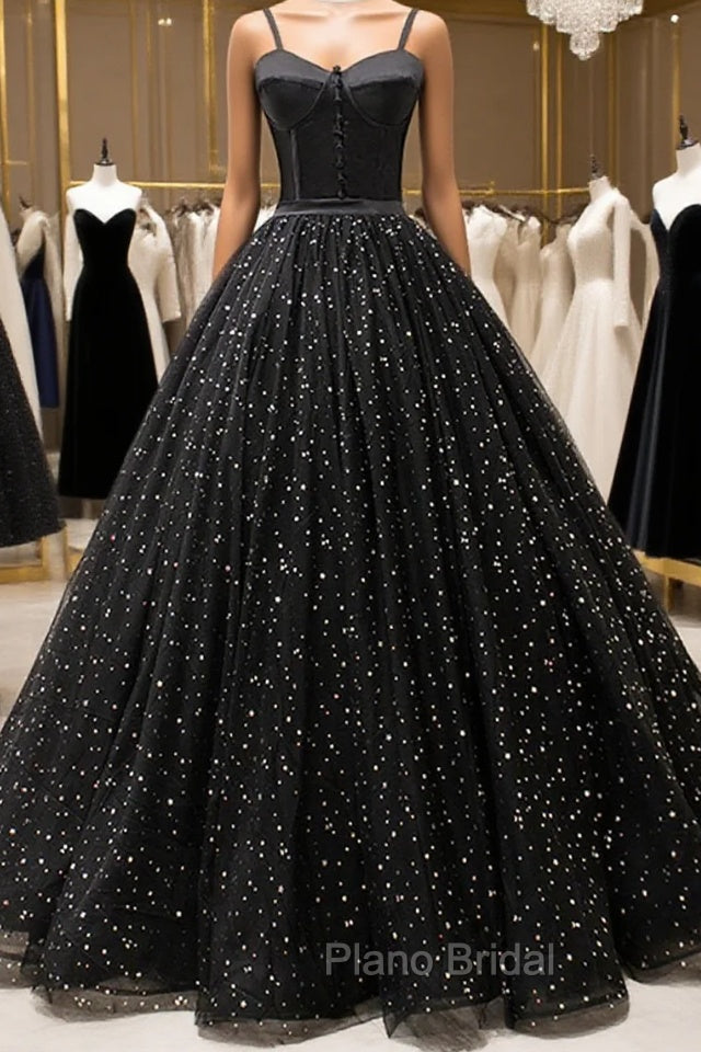 Black Tulle Long Formal Prom Dresses, Black Spaghetti Straps Formal Evening Gown