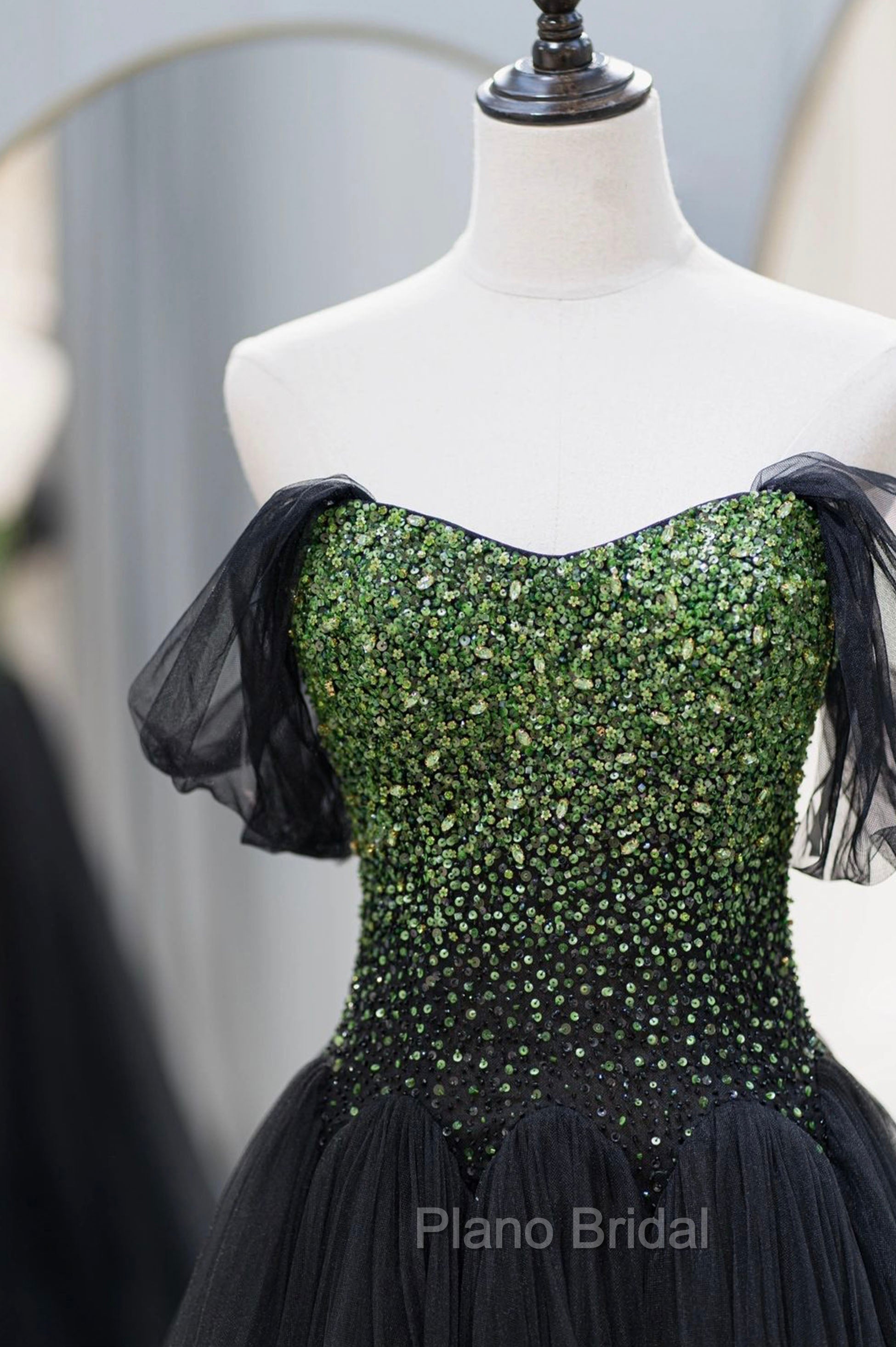 Black Tulle Long Formal Prom Dresses with Beaded, Off the Shoulder Formal Evening Dresses Secondary image