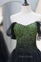 Black Tulle Long Formal Prom Dresses with Beaded, Off the Shoulder Formal Evening Dresses