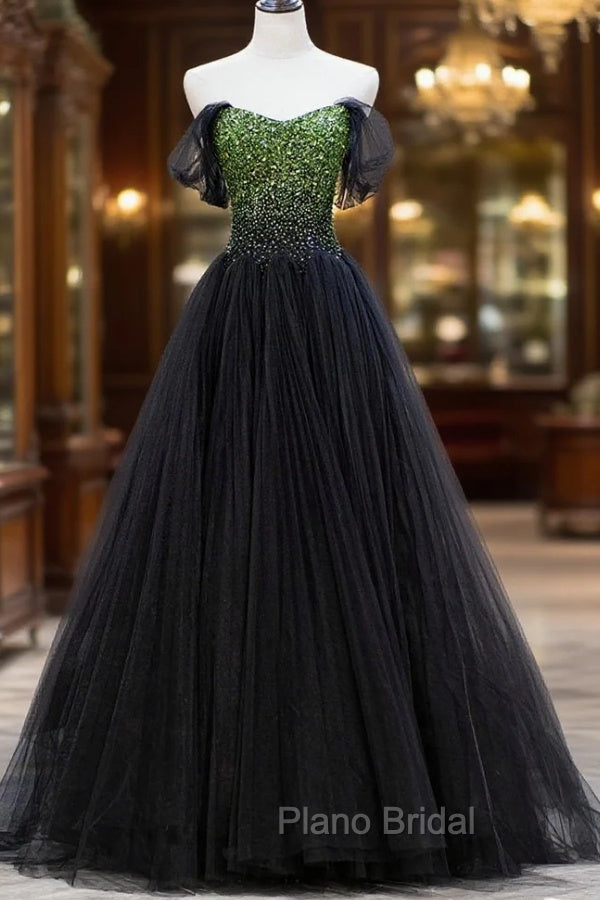 Black Tulle Long Formal Prom Dresses with Beaded, Off the Shoulder Formal Evening Dresses Main image