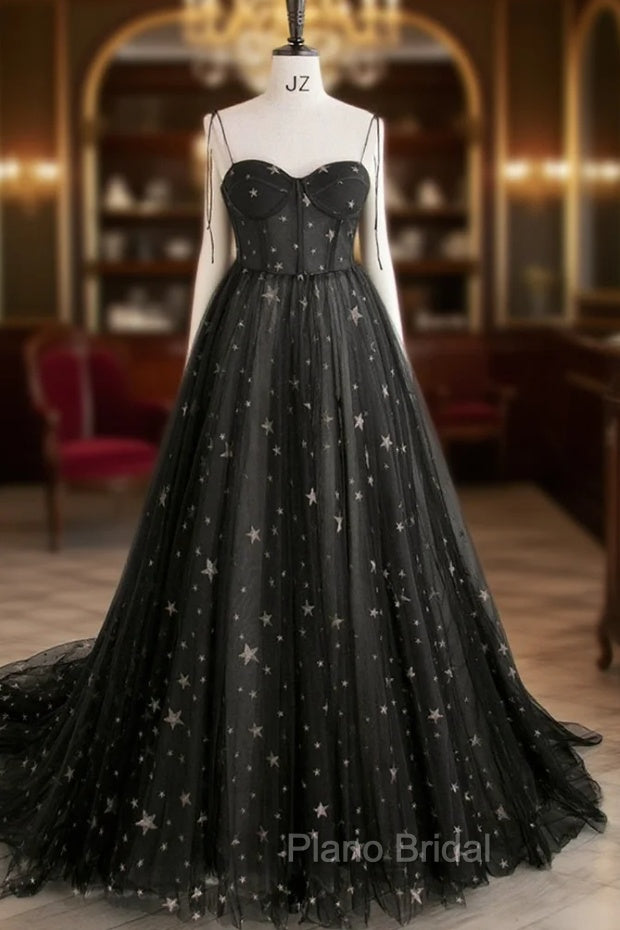 Black Tulle Long Formal Prom Dresses with Stars, Cute Spaghetti Straps Graduation Dresses