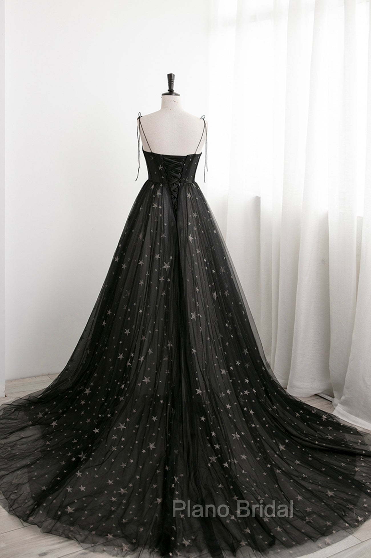 Black Tulle Long Formal Prom Dresses with Stars, Cute Spaghetti Straps Graduation Dresses