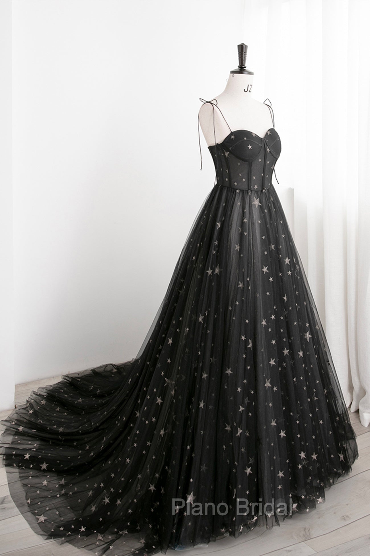 Black Tulle Long Formal Prom Dresses with Stars, Cute Spaghetti Straps Graduation Dresses Main image