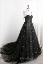 Black Tulle Long Formal Prom Dresses with Stars, Cute Spaghetti Straps Graduation Dresses