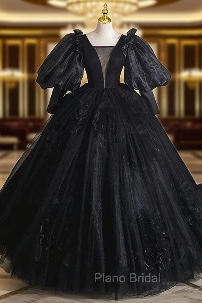 Black Tulle Long Sleeve Quinceanera Dresses