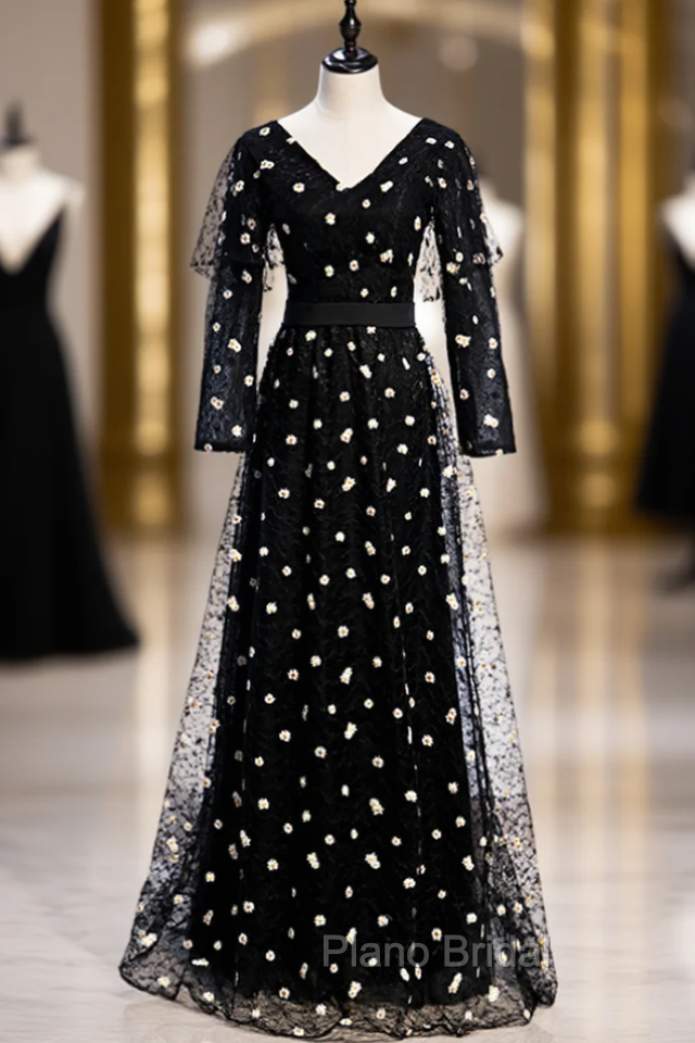 Black Tulle Long Sleeve V-neck Little Daisy Formal Prom Dresses Main image