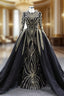 Black Tulle Mermaid Long Sleeve Beading Sequins Formal Prom Dresses With Detachable Train