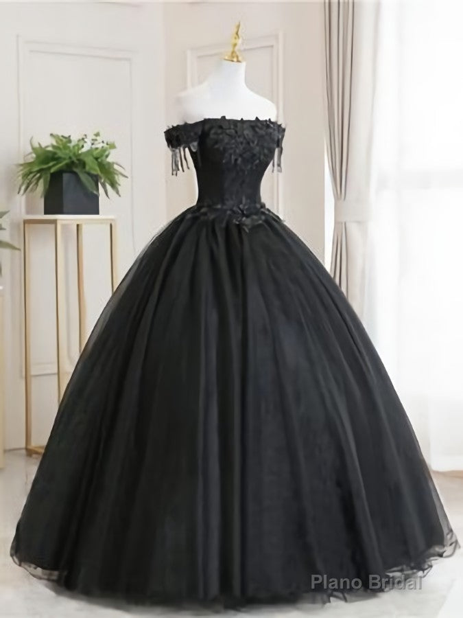 Black Tulle Off Shoulder Lace Long Prom Dress, Black Evening Dress Secondary image