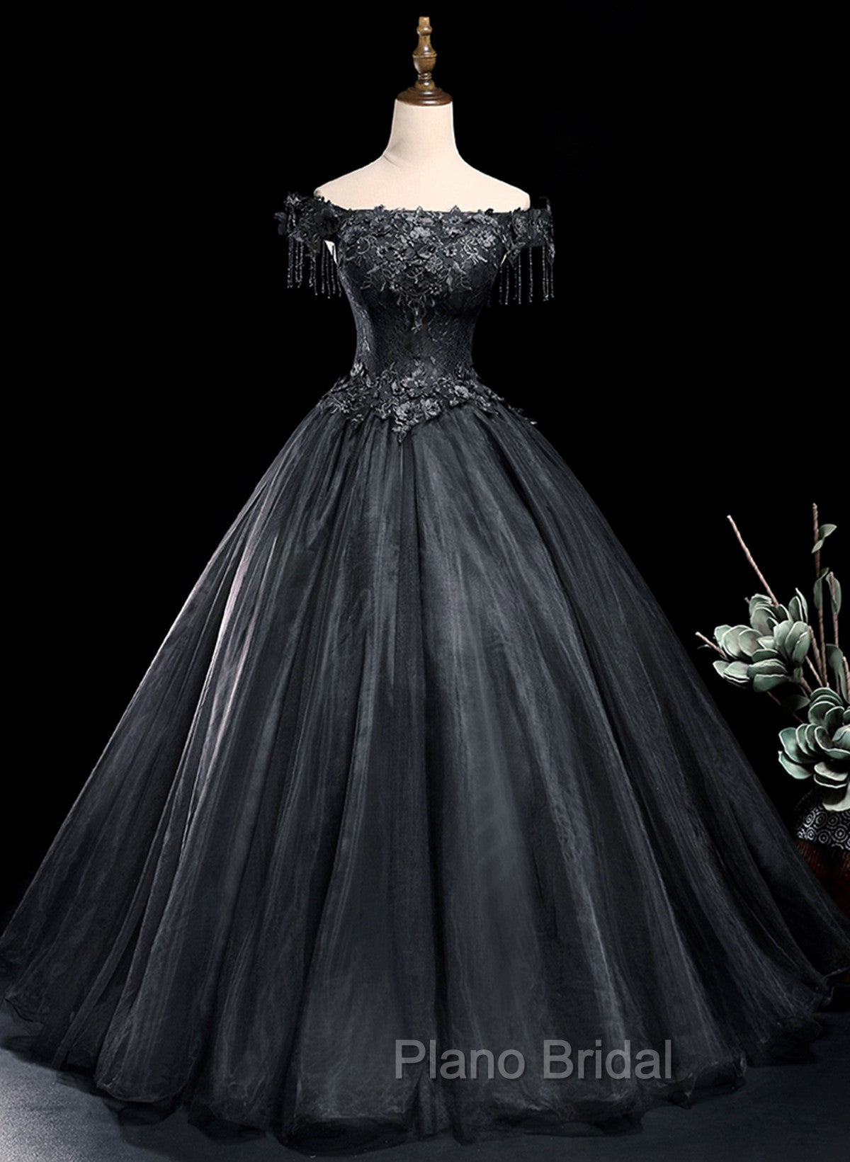 Black Tulle Off Shoulder with Lace Applique Party Dresses, Black Tulle Long Sweet 16 Dresses