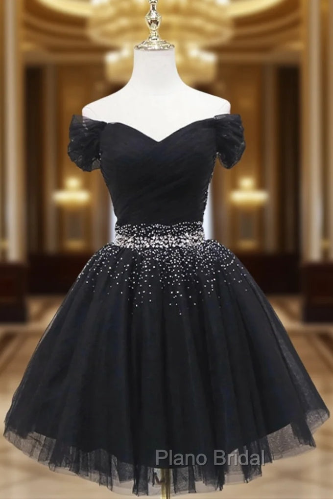 Black Tulle Off the Shoulder Pleats Beading Homeocming Dresses Main image