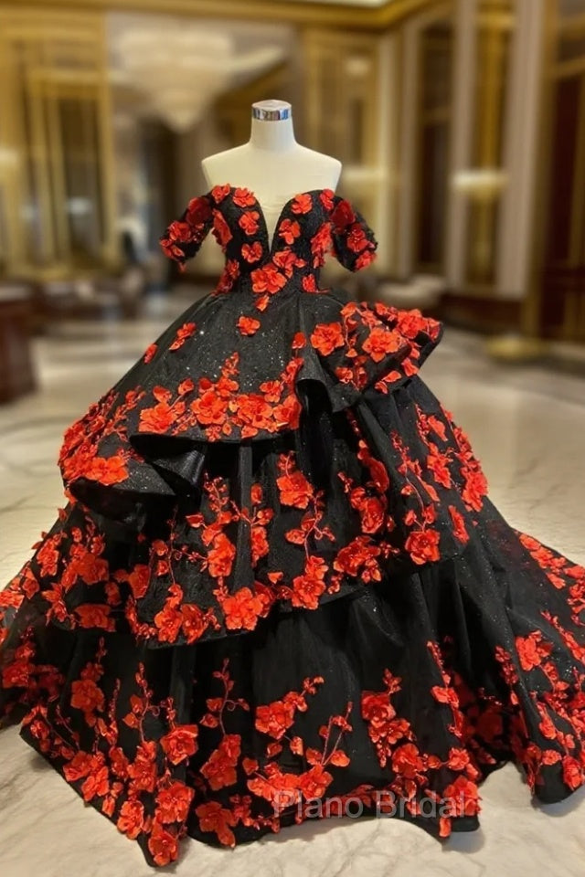Black Tulle Off the Shoulder Red 3D Appliques Formal Prom Dresses Main image