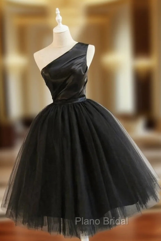 Black Tulle One Shoulder Elegant Tea Length Party Dresses, Black Formal Dresses Main image