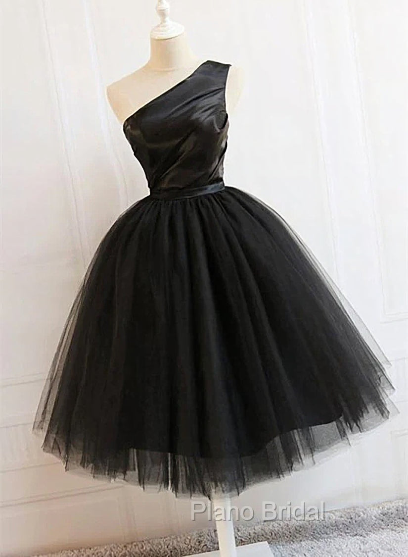 Black Tulle One Shoulder Elegant Tea Length Party Dresses, Black Formal Dresses