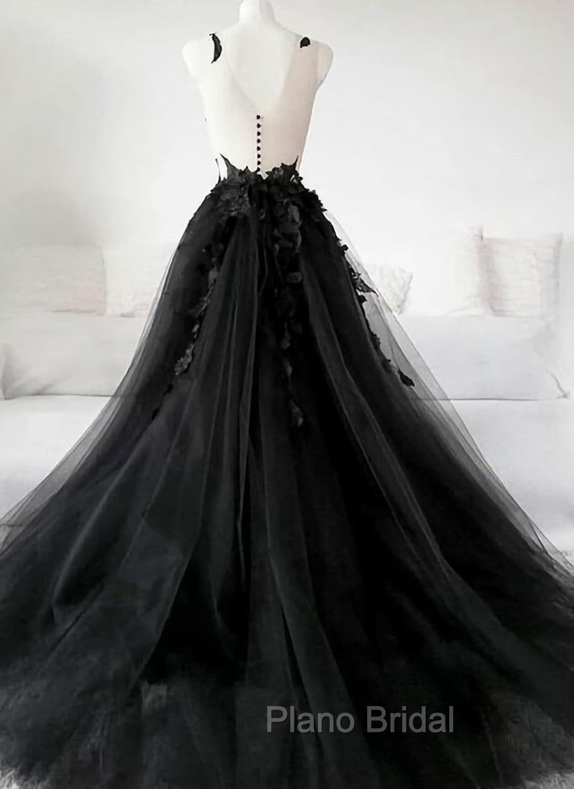 Black Tulle Party Dresses with Lace Long Formal Prom Dresses, Pretty Black Evening Dresses