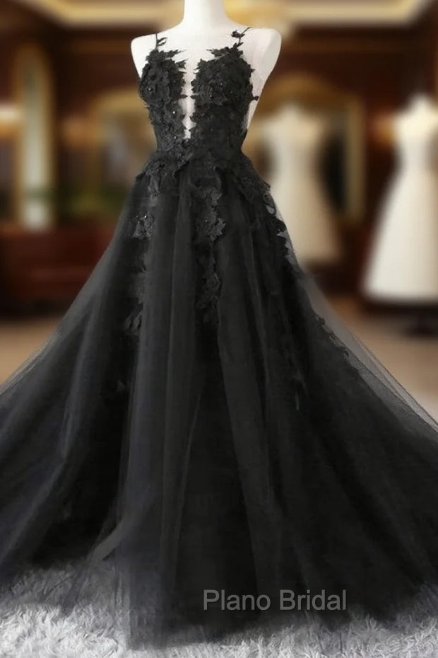 Black Tulle Party Dresses with Lace Long Formal Prom Dresses, Pretty Black Evening Dresses Main image