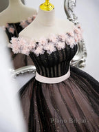 Black Tulle & Pink Flowers Sparkle Formal Prom Dresses