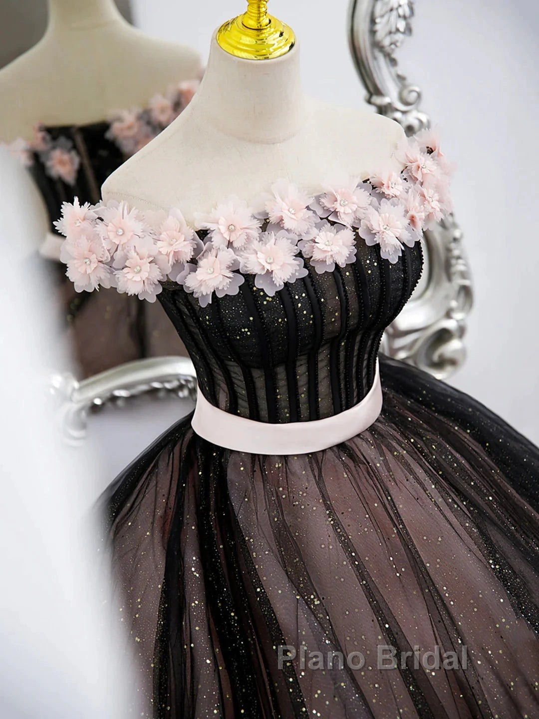 Black Tulle & Pink Flowers Sparkle Formal Prom Dresses