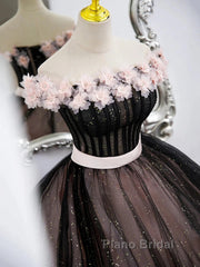 Black Tulle & Pink Flowers Sparkle Formal Prom Dresses