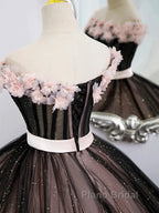 Black Tulle & Pink Flowers Sparkle Formal Prom Dresses
