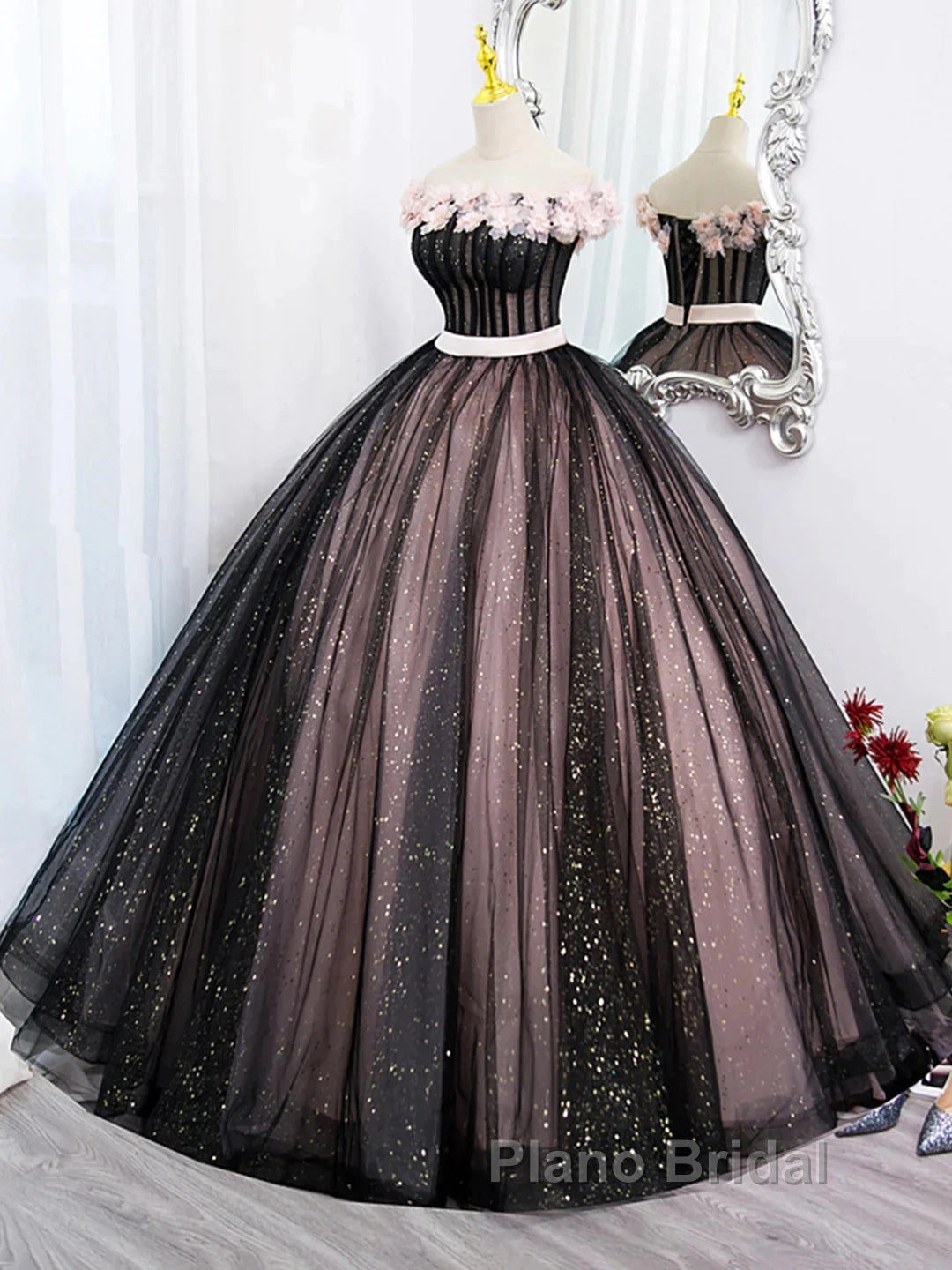 Black Tulle & Pink Flowers Sparkle Formal Prom Dresses