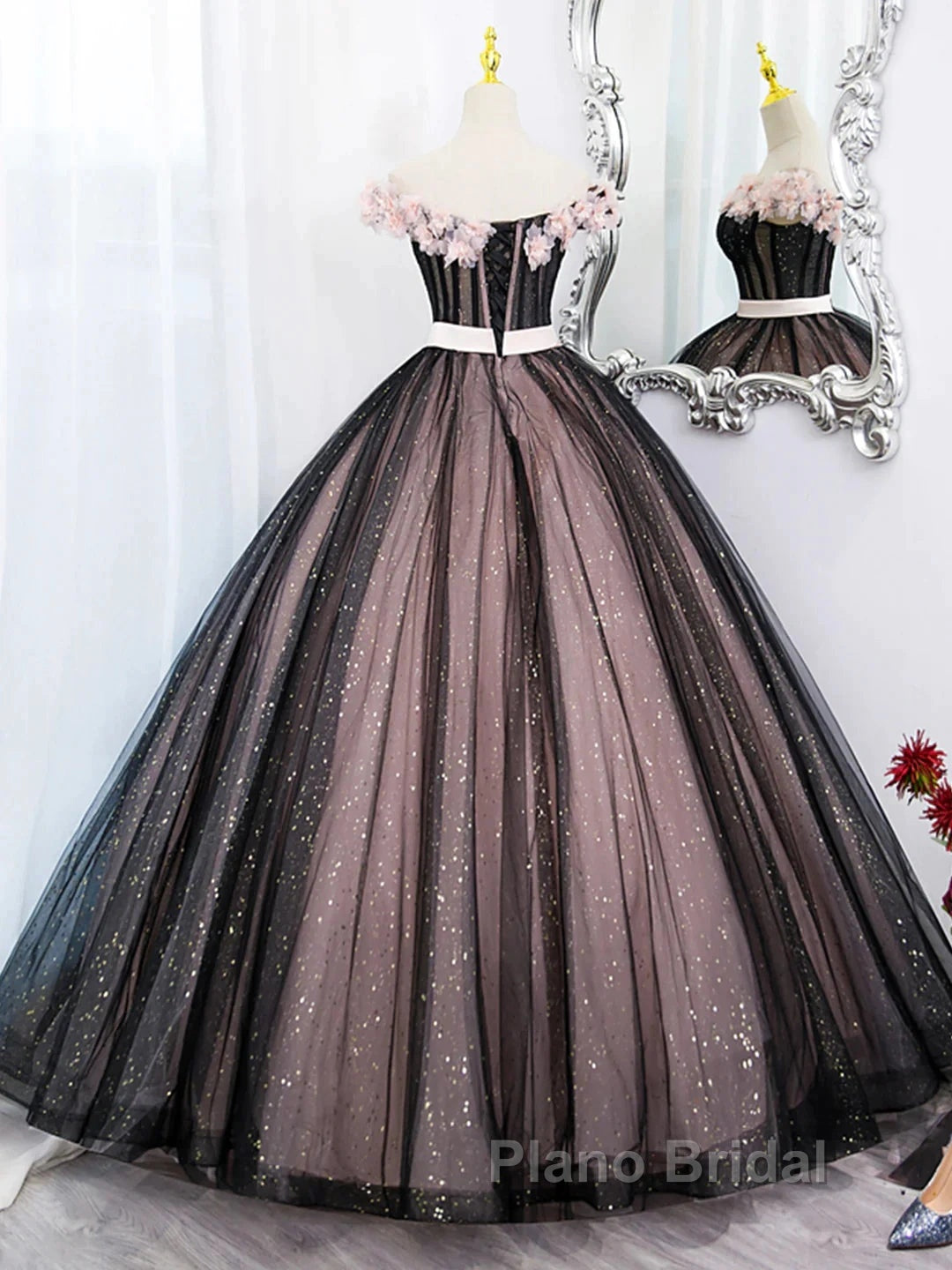 Black Tulle & Pink Flowers Sparkle Formal Prom Dresses