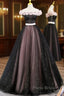 Black Tulle & Pink Flowers Sparkle Formal Prom Dresses