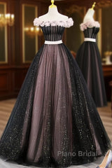 Black Tulle & Pink Flowers Sparkle Formal Prom Dresses