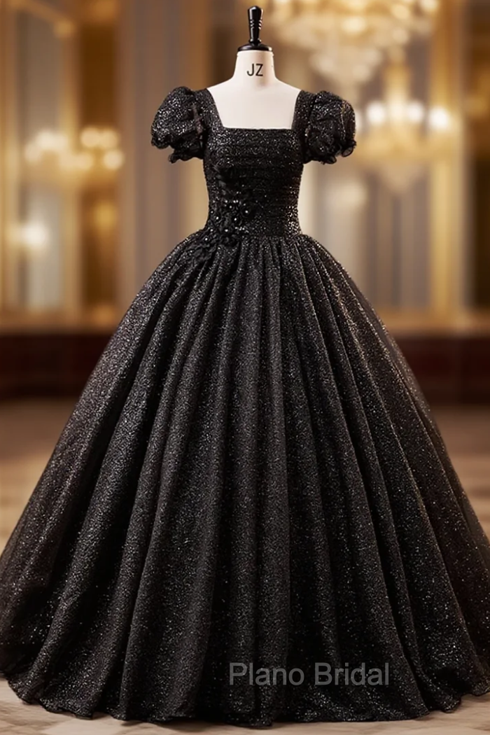Black Tulle Puff Sleeve Appliques Pleats Quinceanera Dresses Main image