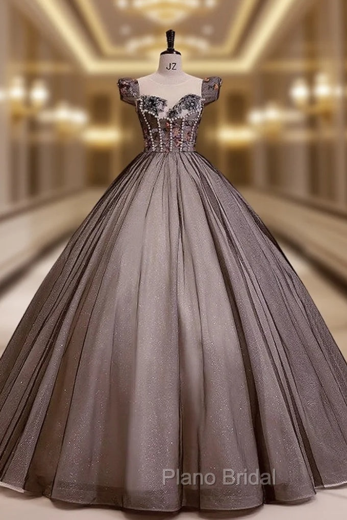 Black Tulle Puff Sleeve Appliques Quinceanera Dresses