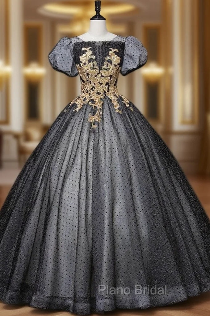 Black Tulle Puff Sleeve Appliques Sequins Quinceanera Dresses