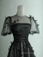 Black Tulle Puffy Short Sleeves A-Line Formal Prom Dresses, Black Formal Dresses Party Dresses